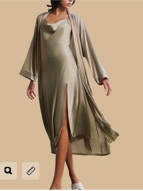 ULIVARY Silk-Feel Olive Slip Dress & Robe Set Women Intimates 2 Pieces L